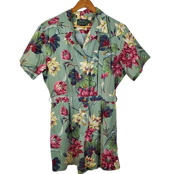 Ralph Lauren Country Authentic Dry Goods Green Pink Floral Romper Shorts Sz 12 - Picture 1 of 3